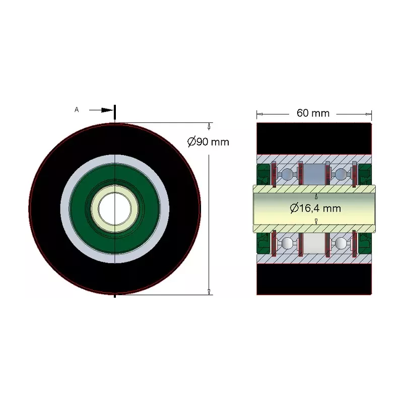 Rol nr. 197 – staal-rubberen draagrol Ø90 mm | fabrikant KiJ