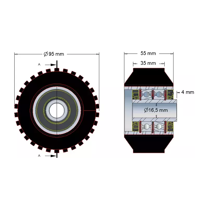 Rol nr. 26 – staal-rubberen steunrol Ø95 mm voor machines van ROPA | OEM ROPA 252079 | fabrikant KiJ