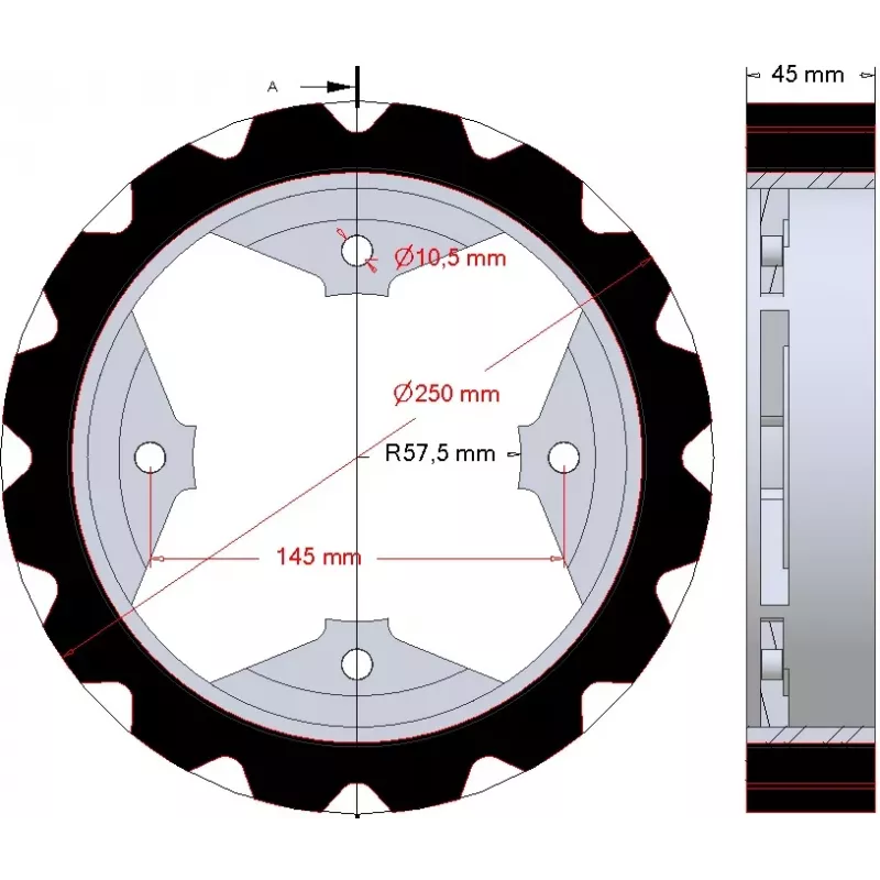 Rol nr. 274 – staal-rubberen aandrijfrol Ø250 mm voor machines van Dewulf | OEM Dewulf 0000005328 | fabrikant KiJ