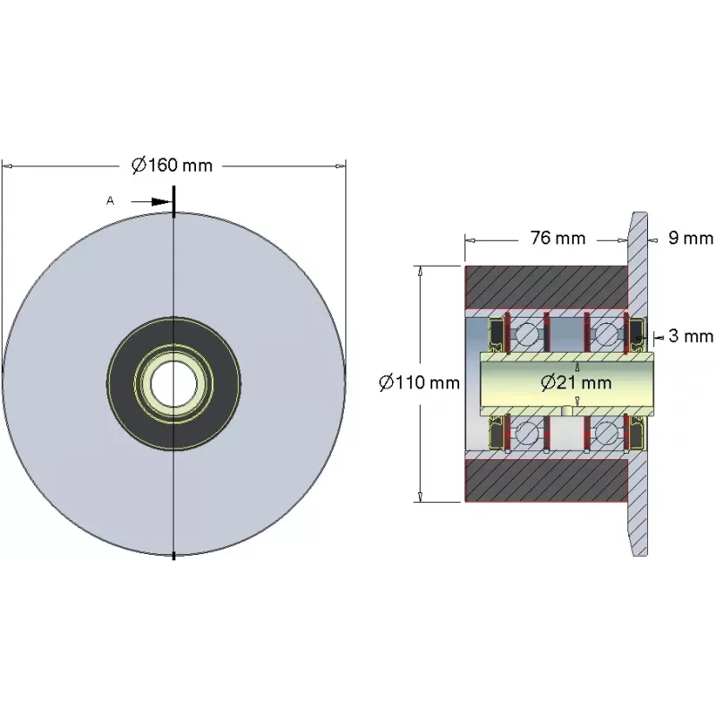 Rol nr. 23H – staal-rubberen steunrol Ø110 mm voor machines van Holmer | OEM Holmer 1130020688 | fabrikant KiJ