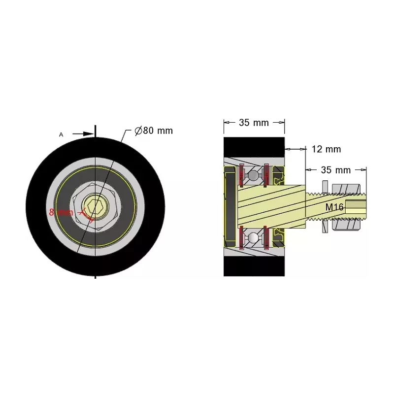 Rol nr. 313 – staal-rubberen steunrol Ø80 mm voor machines van Guaresi | OEM Guaresi P7714120000 | fabrikant KiJ