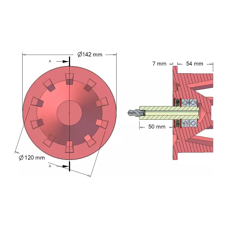 Rol nr. 56 – gietijzeren keerrol Ø120 mm, steek 40 mm, voor machines van Stoll | OEM Stoll 1507970, 1507980 | fabrikant KiJ