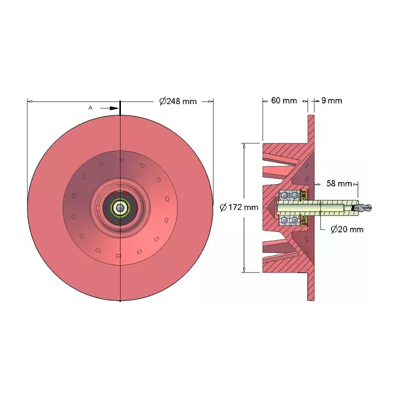 Rol nr. 84 – gietijzeren aandrijfrol Ø172 mm, steek 40 mm, voor machines van Stoll | OEM Stoll 0519040, 0519030 | fabrikant KiJ