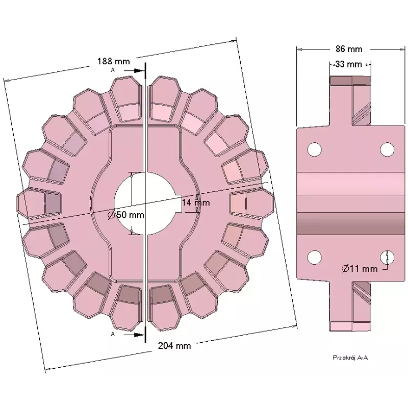 Rol nr. 288 – gietijzeren aandrijfrol Ø204 mm, steek 33 mm | fabrikant KiJ